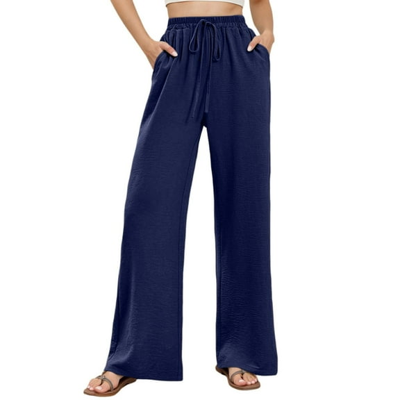 Huowey Women's Pants High Waist Wide Leg Summer Palazzo Pants Casual Comfortable and Light Elegant Trousers with Pockets and Drawstring