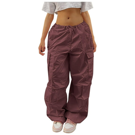 Huowey Women's Pants Plus Size Tethered Straight Cargo Pants Straight Wide Leg Loose Casual Trousers