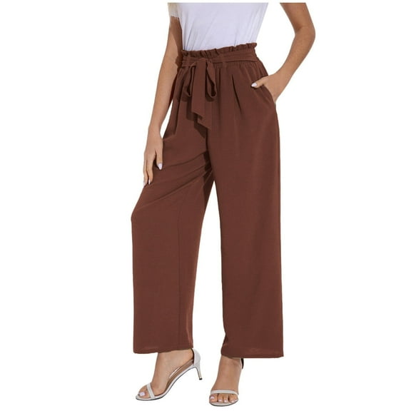 Huowey Women's Pants Solid Color High Waist Wide Leg Loose Lace Up Casual Pants Straight Leg Pants