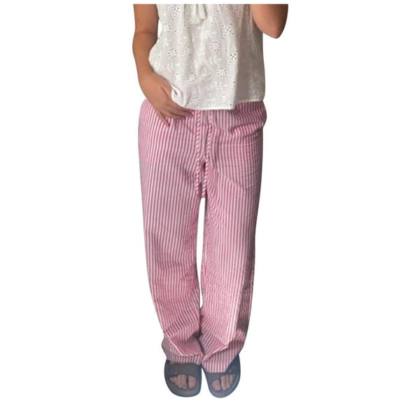 Huowey Women's Pants Striped Pants for Elastic Drawstring High Waist Wide Leg Pants Vintage Streetwear Trousers