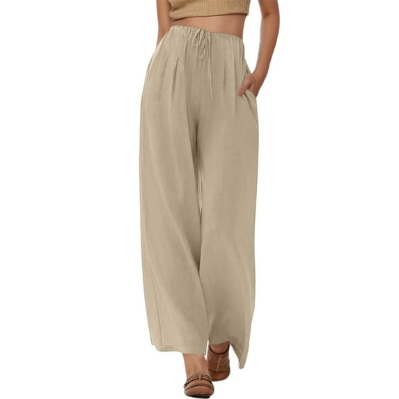 Huowey Women's Pants Summer High Waisted Drawstring Wide Leg Beach Pants with Pockets Comfortable Casual Solid Color Loose Trousers