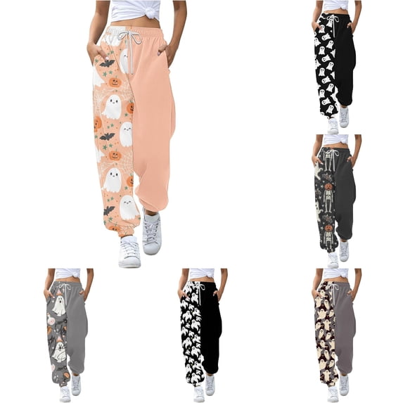 Huowey Womens Baggy Sweatpants Halloween Themed Graphic High Waist Joggers Pants With Pocket Drawstring Casual Daily Trendy Fall Winter Bottoms,Beige,L