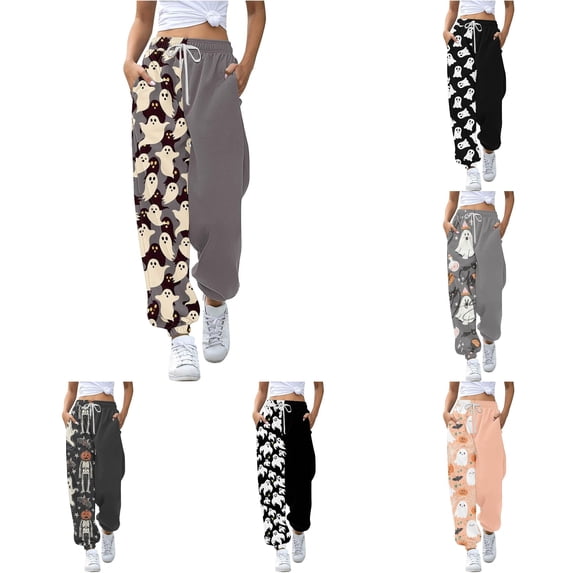 Huowey Womens Baggy Sweatpants Halloween Themed Graphic High Waist Joggers Pants With Pocket Drawstring Casual Daily Trendy Fall Winter Bottoms,Grey,S