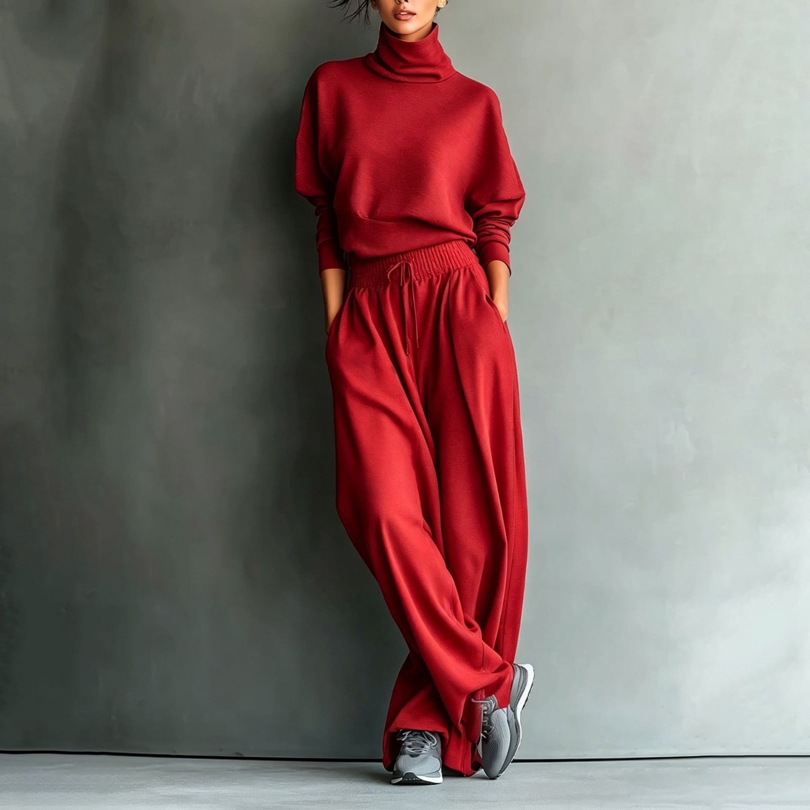 Two-piece business casual sweatsuit set with high-neck sweatshirt and matching pants photographed for outfit inspiration