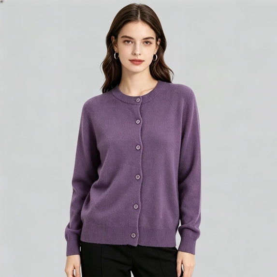 Huowey Womens Cardigan Sweaters Knit Button Up Cardigans Long Sleeve Crew Neck Soft Fall Winter Coats,Purple,L