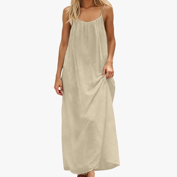 Huowey Womens Casual Long Nightgowns Spaghetti Strap Sleeveless Solid Color Open Back Maxi Dresses Loose Fit Summer Soft Sleeveless Nightshirt,Beige,S