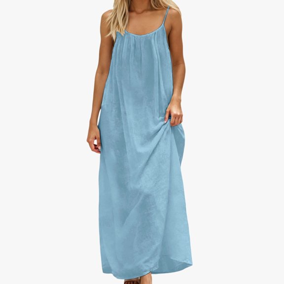 Huowey Womens Casual Long Nightgowns Spaghetti Strap Sleeveless Solid Color Open Back Maxi Dresses Loose Fit Summer Soft Sleeveless Nightshirt,Blue,S