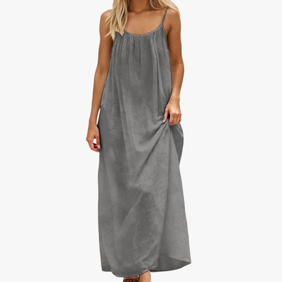Huowey Womens Casual Long Nightgowns Spaghetti Strap Sleeveless Solid Color Open Back Maxi Dresses Loose Fit Summer Soft Sleeveless Nightshirt,Grey,S