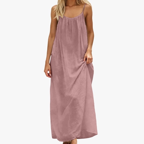 Huowey Womens Casual Long Nightgowns Spaghetti Strap Sleeveless Solid Color Open Back Maxi Dresses Loose Fit Summer Soft Sleeveless Nightshirt,Pink,XL