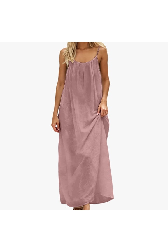 Womens Casual Long Nightgowns Spaghetti Strap Sleeveless Solid Color Open Back Maxi Dresses Loose Fit Summer Soft Sleeveless Nightshirt,Pink,XXL