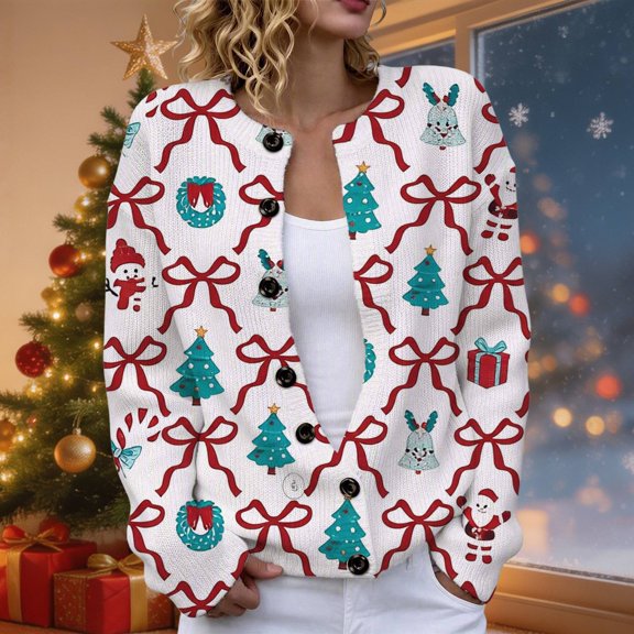 Huowey Womens Christmas Cardigan Sweaters Bow Christmas Tree Pattern Knit Button Up Cardigans Long Sleeve Crew Neck Soft Festival Coats,White,S