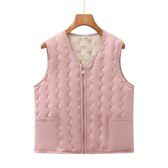 Huowey Womens Coats Elegant Quilted Sleeveless Jacket Thermal Wool Lined Floral Print Zipper Up V-Neck Outerwear Vest Tops Winter Clothes,Pink,Xxxl