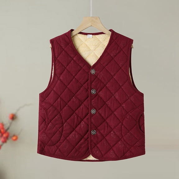Huowey Womens Coats Quilted Vest Thickened Warm Sleeveless Button Down Jacket Solid Color V-Neck Casual Waistcoat With Pockets Fall Fashion Outfit,Wine,Xxl