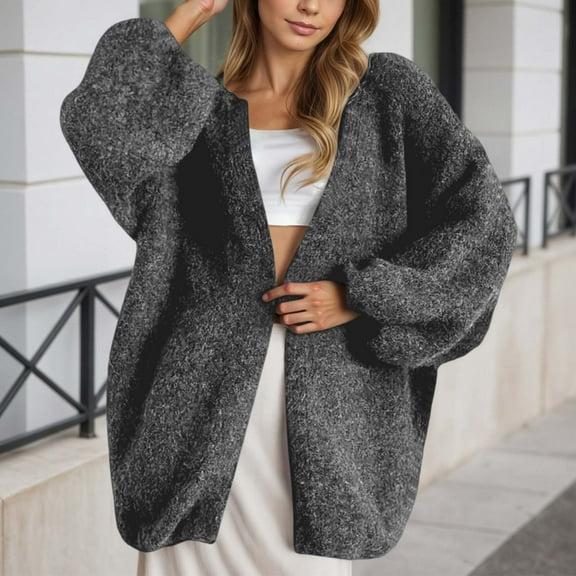 Huowey Womens Coats Soft Knit Cardigan Coat Long Length Oversized Jacket Solid Color Long Sleeve Open Front Sweater Fall Fashion Outfit,Dark Gray,L