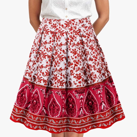 Huowey Womens Elegant Floral Skirt Traditional Partywear High Waist Fashionable A-Line Pleated Skirt Midi Length Vintage Flowy Stylish Comfy Casual Dressy,Red,XXL
