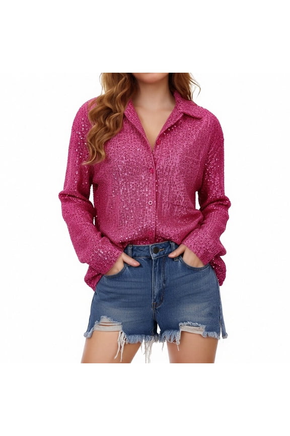 Womens Fashionable Sequin Button Shirts Solid Color Loose Fit Turndown Collar Lapel Casual Open Front Collared Glitter Blouses Casual Party Outerwear Clothes Vacation Outfits,Red,L