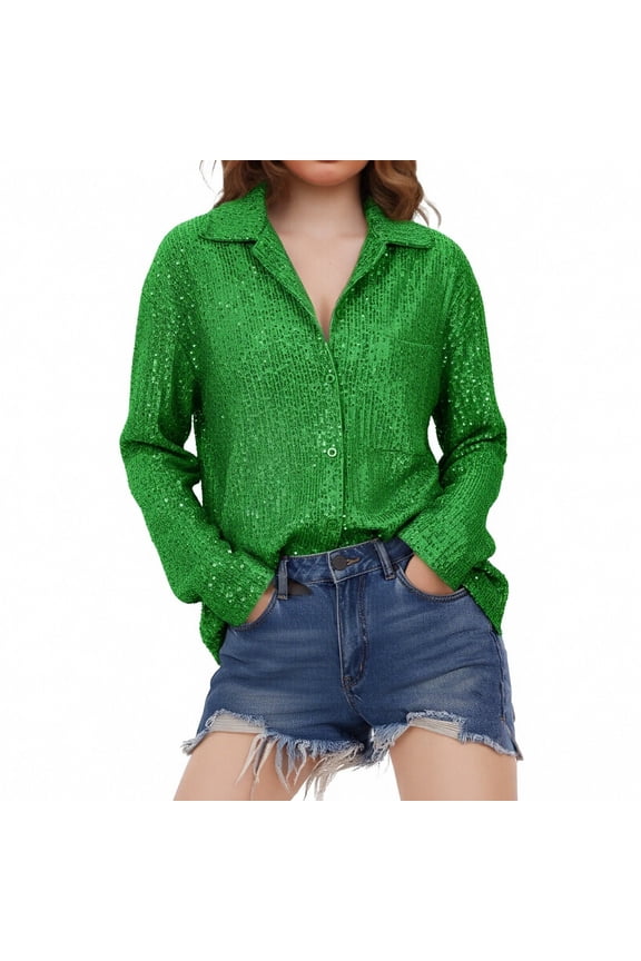 Womens Fashionable Sequin Button Shirts Solid Color Loose Fit Turndown Collar Lapel Casual Open Front Collared Glitter Blouses Casual Party Outerwear Clothes Vacation Outfits,Green,L
