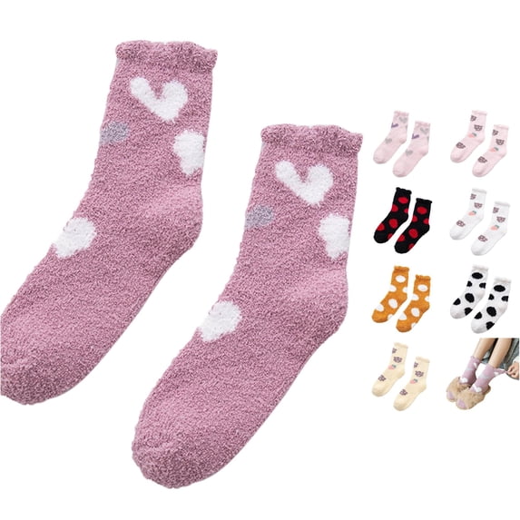 Huowey Womens Fuzzy Crew Socks Thick Floor Casual Socks Ruffles Polka Dot Pattern Cozy Fall Winter Warm Lounging Home Socks