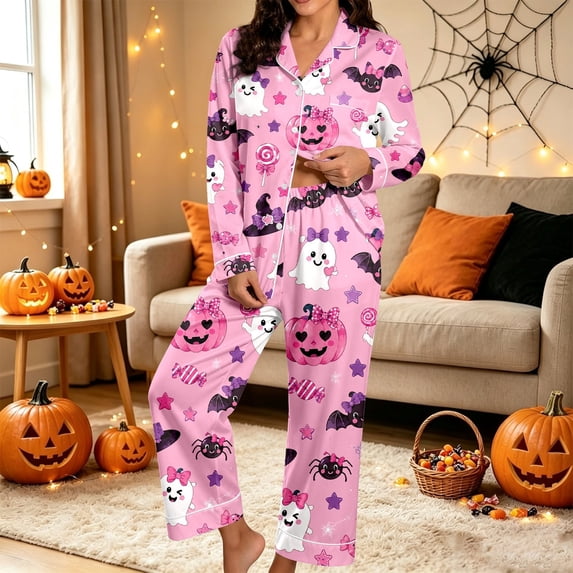 Huowey Womens Halloween Pajamas Set Long Sleeve Button Down Tops And Pants 2 PC Bow Ghost Pumpkin Graphic Lapel Cozy Daily Loungewear,Pink,L