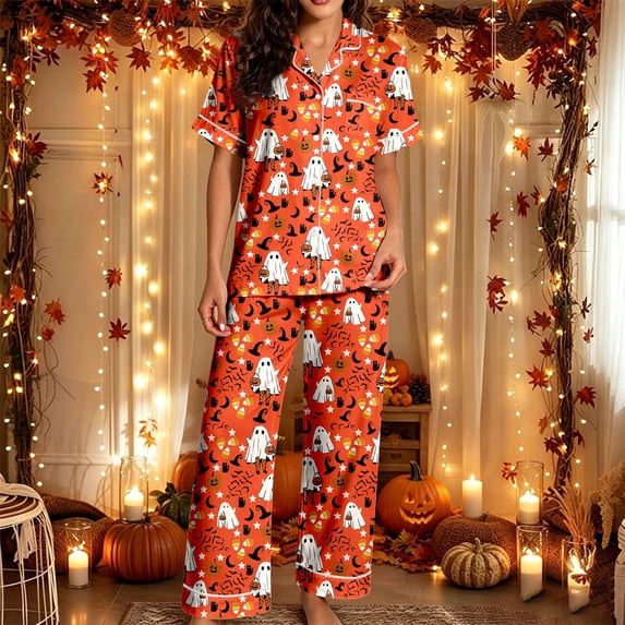 Huowey Womens Halloween Pajamas Set Short Sleeve Button Down Tops And Pants 2 PC Ghost Pumpkin Graphic Lapel Eye-Catching Daily Loungewear,Orange,M