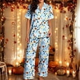 thumbnail image 1 of Huowey Womens Halloween Pajamas Set Short Sleeve Button Down Tops And Pants 2 PC Ghost Pumpkin Graphic Lapel Leisure Daily Loungewear,Blue,L, 1 of 4