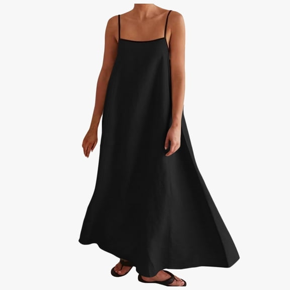 Huowey Womens Maxi Dress Spaghetti Straps A-Line Loose Fit Solid Color Flowy Square Collar Summer Travel Sleeveless Casual Long Dresses,Black,S
