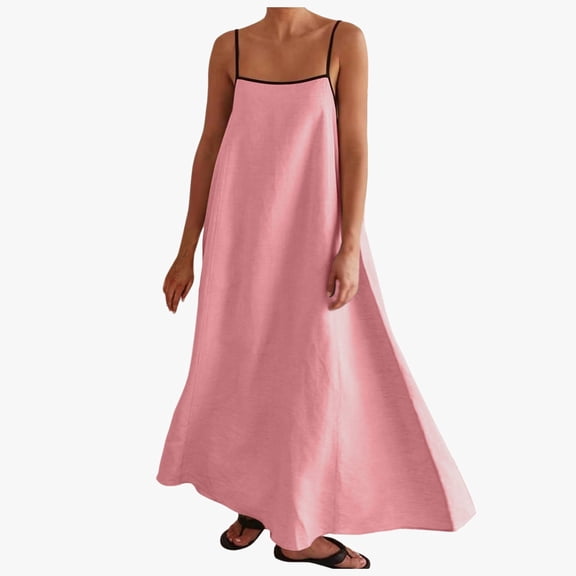 Huowey Womens Maxi Dress Spaghetti Straps A-Line Loose Fit Solid Color Flowy Square Collar Summer Travel Sleeveless Casual Long Dresses,Pink,XXL