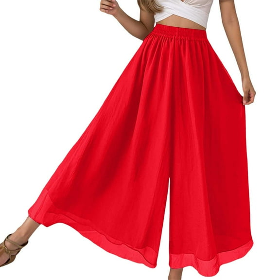 Huowey Womens Pants Casual High Waist Palazzo Pants Flowy Beach Trousers Summer Comfortable Elastic Waist Wide Leg Chiffon Outfit