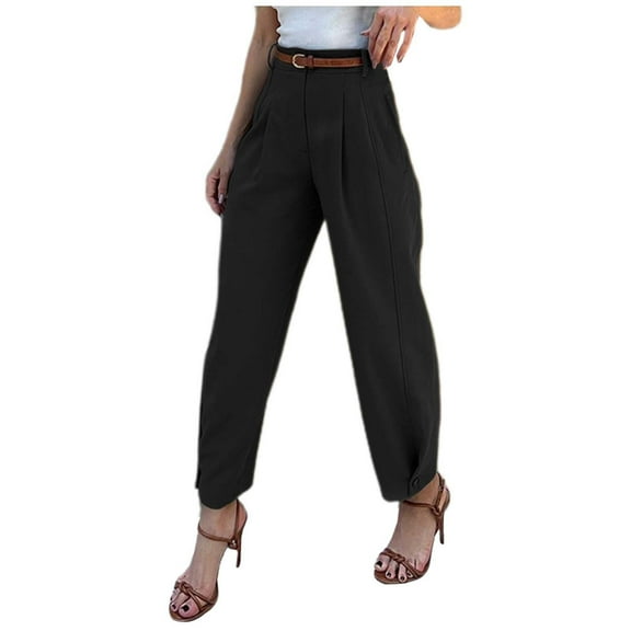 Huowey Womens Pants Elegant Solid Color Loose Fit Cropped Trousers High Waist Casual Suit Pants for Fashionable Wear