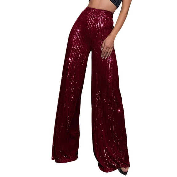 Huowey Womens Pants Fashion Casual Sequined Pants Sparkling Sequins High Waisted Wide Leg Flared Leg Pants Nightclub Wear