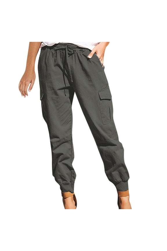 Womens Pants Fashion Solid Color Drawstring Overalls Pocket Trousers Casual Pants