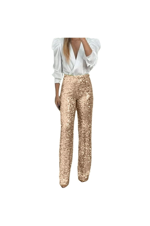 Womens Pants Party Sequin Elastic Waist Slim Fit Elastic Flared Leg Pants Fashion Solid Color Pants