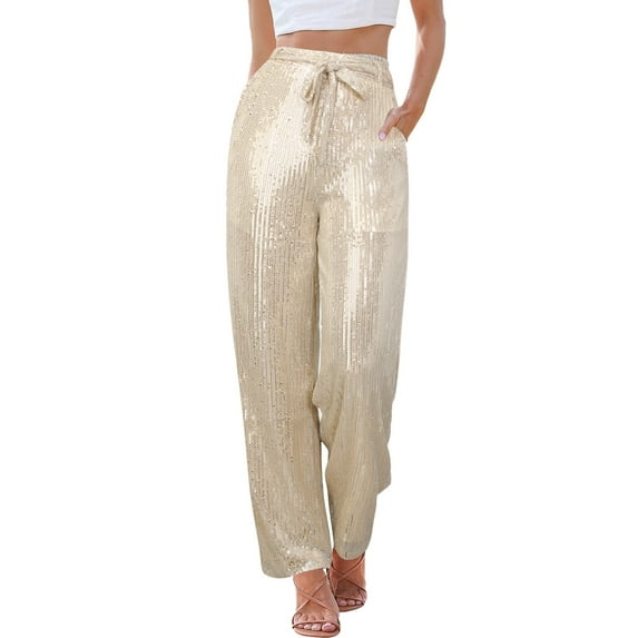 Huowey Womens Pants Sequin Pants Shiny Sequins High Waist Wide Leg Flared Leg Pants Nightclub Wear