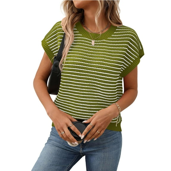 Huowey Womens Sweater Striped Knit Pullover Sweater Sleeveless Casual Crewneck Cozy Sofy Relaxed Loose Fit Stylish Outwear Casual Sweater Clothes Trendy Outfits,Army Green,Xl