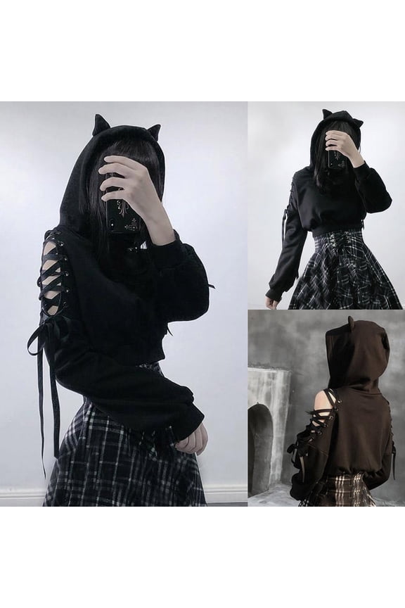 Womens Sweatshirt Solid Color Cropped Cat Ear Hoodie Gothic Lace Up Cutout Long Sleeve Streetwear Loose Crop Top For Daily Party Fall Clothes,Black,M