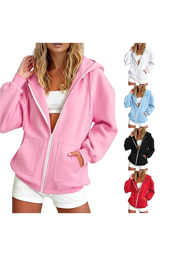 Womens Sweatshirt Solid Color Long Sleeve Casual Full Zip Hoodie Jackets With Pockets Cozy Oversized Fashion Outwear For Back To College Fall Clothes,Pink,M