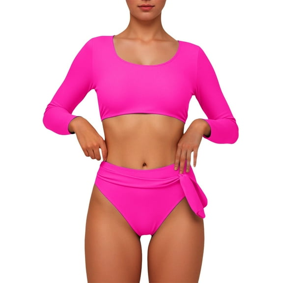 Huowey Womens Swimsuits Crop Tops High Waisted Bikini Set Rash Guard Bathingsuit Long Sleeve Swimwear Pool Bathing Suit Honeymoon Cruise Trendy Wear