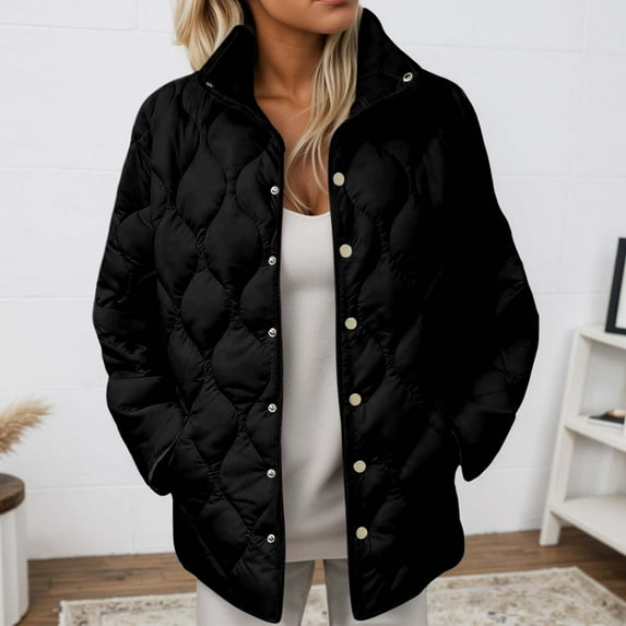 Huowey Womens Winter Jacket Stand Collar Long Sleeve Button Down Plus Size Lightweight Quilted Puffer Coats Loose Fit Comfortable Warm Thick Outerwear,Black,L