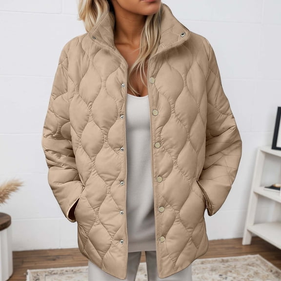 Huowey Womens Winter Jacket Stand Collar Long Sleeve Button Down Plus Size Lightweight Quilted Puffer Coats Loose Fit Comfortable Warm Thick Outerwear,White,S