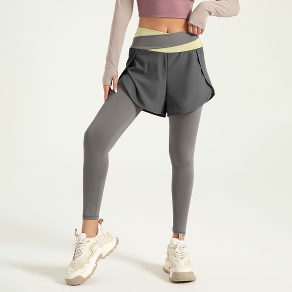 Huowey Yoga Pants Women Leggings Slim Fit High Waist Solid Color Fitness Joggings With Wide Leg Shorts Casual Breathable Running Sport Lightweight Cozy Trousers,Grey,L