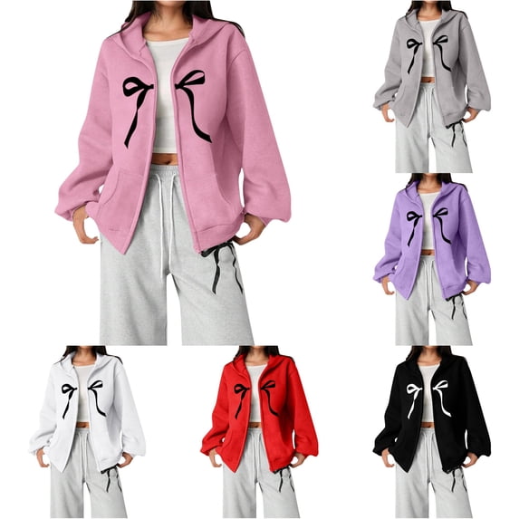 Huowey Youth Girls Kids Zip Up Sweatshirt Long Sleeve Cute Bow Print Hoodie Jacket With Pockets For Teen Back To School Sty Soft Casual Soft Oversized Stylish Fall Outerwear,Pink,11-12 Years