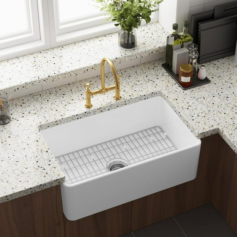 Fireclay 30 in. Single Bowl Apron-Front Farmhouse Kitchen Sink with Grid and Drain Assembly Fireclay 30 in. Single Bowl Apron-Front Farmhouse Kitchen Sink with Grid and Drain Assembly