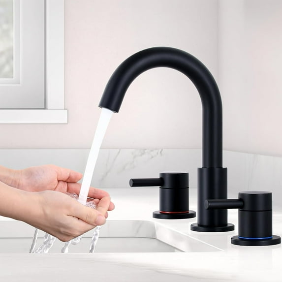 Hupicker 8 Inch 2 Handle Brushed Nickel Widespread Bathroom Faucets for Sink 3 Hole, Faucet for Bathroom Sink with Pop Up Drain and cUPC Lead-Free Faucet Supply Hose - Matte Black