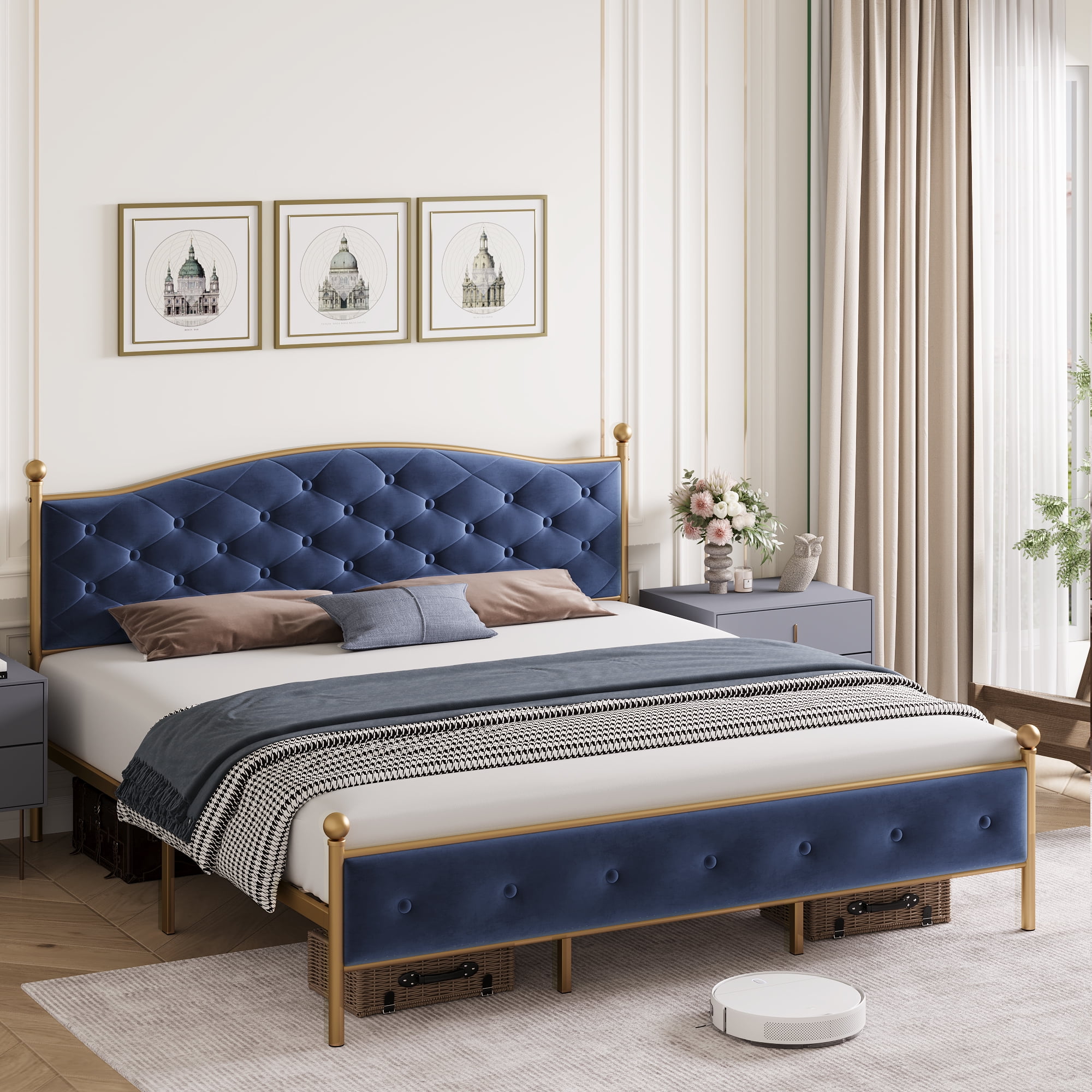Full Size Blue Velvet Upholstered Platform Bed with Gold Metal Frame