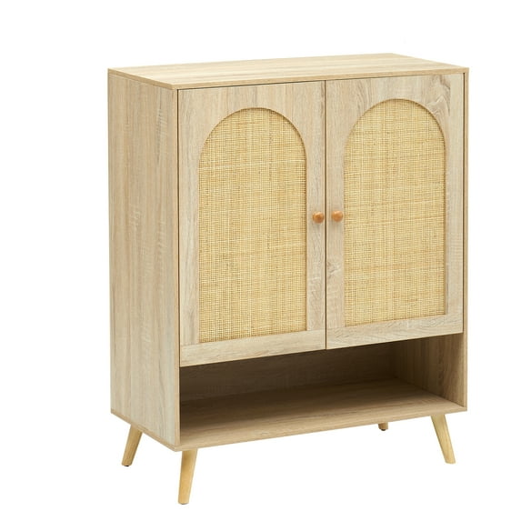 Hupicker Natural Rattan Decoratedb 2 Doors Sideboard Buffet Cabinet, Rattan Storage Cabinet with 4-Tier Adjustable Shelves, for Living Room, Entryway, Dining Room and Kitchen