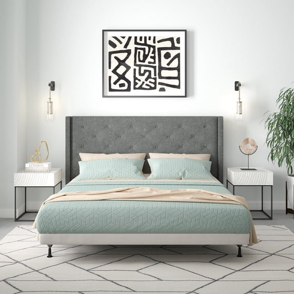 Huppe Button Tufted MCM Wingback Upholstered Headboard, Gray, King/California King