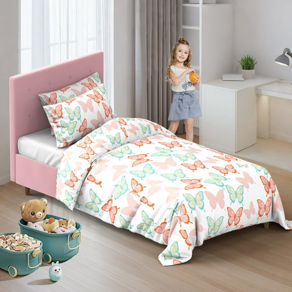 Huracan 3 Pcs Twin Kids Comforter Set with 2 Pillow Covers Soft Kids Bedding Set Colorful Butterfly Cartoon Comforter Sheet Set for Girls Boys Kids,Twin Size