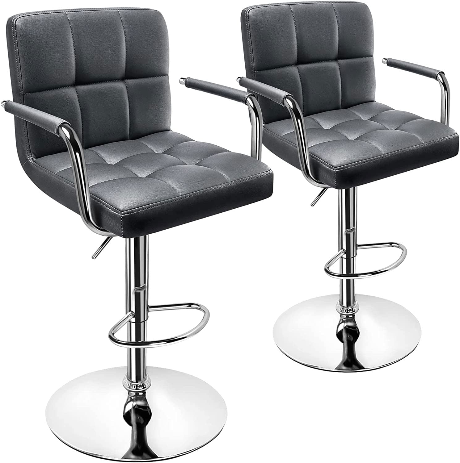 Soontrans Bar Stools Set of 2 Swivel Counter Height Stools, Adjustable Island Chairs for Kitchen with Back and Arms, Modern Barstools with Backrest and Armrest (Gray, 2Pcs)