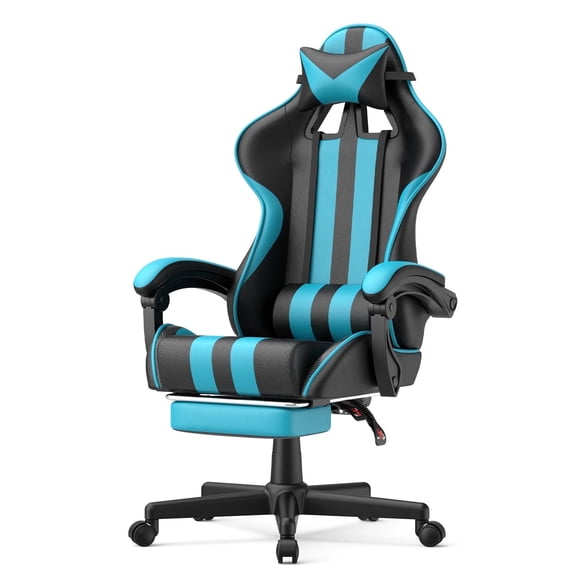 Huracan Gaming Chair for Adults High Back Gaming Chair with Footrest & Massage Lumbar Pillow Adjustable Height Office Chair with Headrest, Ergonomic Swivel Gamer Chair, Navy Blue