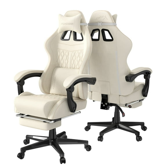 Huracan Gaming Chair with Footrest,Computer Office Chair with Massage Lumbar Support & Headrest, High Back Vintage Game Chair for Adults, Beige